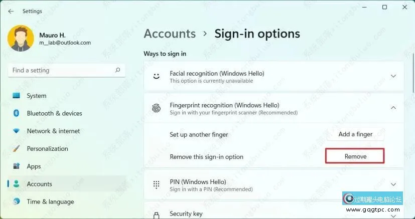 怎样在 Windows  11 上移除 Windows Hello 指纹识别？